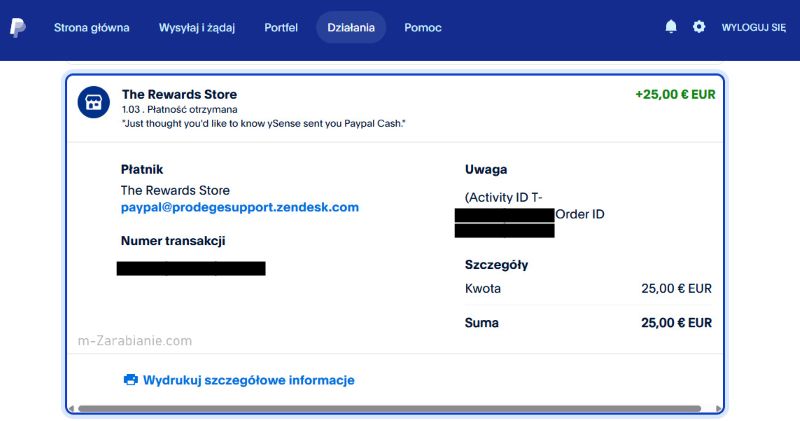 Dowód wypłaty ySense 2026.
