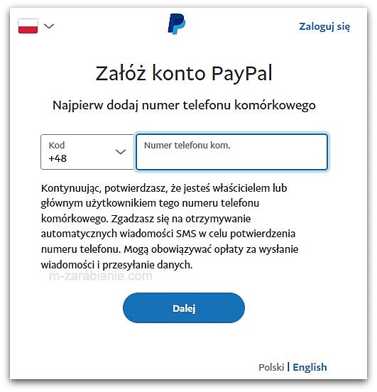 Pay Pal — podaj numer telefonu podczas rejestracji.