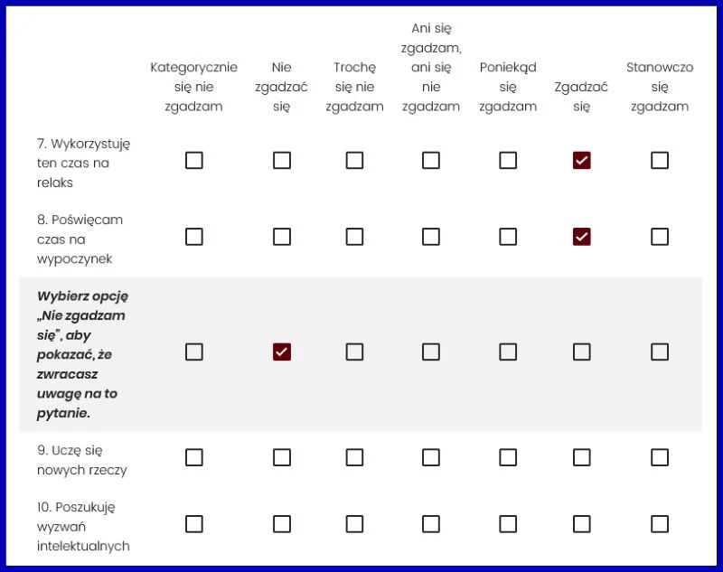 Fragment tabeli ankietowej z ukrytym poleceniem w jednym z rzędów, sprawdzający uważność podczas wypełniania zestawień.