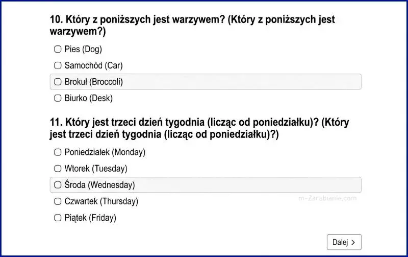 Przykład prostego pytania kontrolnego o oczywiste fakty, służącego do odfiltrowania osób odpowiadających bez czytania treści.