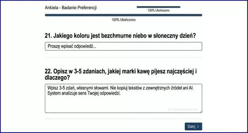 Pole tekstowe w ankiecie wymagające własnej odpowiedzi na proste pytanie, weryfikujące autentyczność wypowiedzi respondenta.