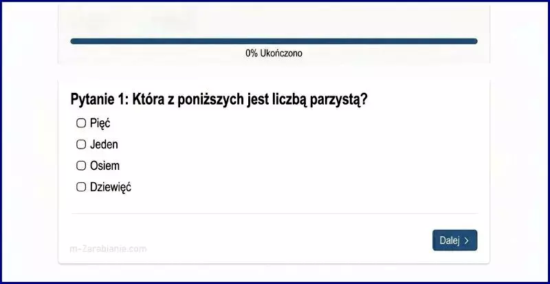 Przykład pytania weryfikacyjnego na początku ankiety, sprawdzającego uwagę respondenta poprzez proste zadanie logiczne. Pytania-pułapki w ankietach.